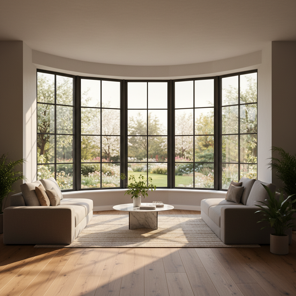 A bay window installation featuring six-pane sections with slim black steel frames, showcased in a high-end, open-plan interior. The wide window reveals a panoramic view of a soft-focus garden, and the sills are styled with clean, empty surfaces to emphasize the window structure. Golden hour sunlight streams in, creating a harmonious glow with gentle, elongated shadows across the warm hardwood floor. The scene radiates comfort and refined taste, and the composition utilizes an expansive, symmetric layout at eye level, conveying reliability and elegance. The photographic style accentuates the luxurious yet approachable brand image of an experienced window seller.