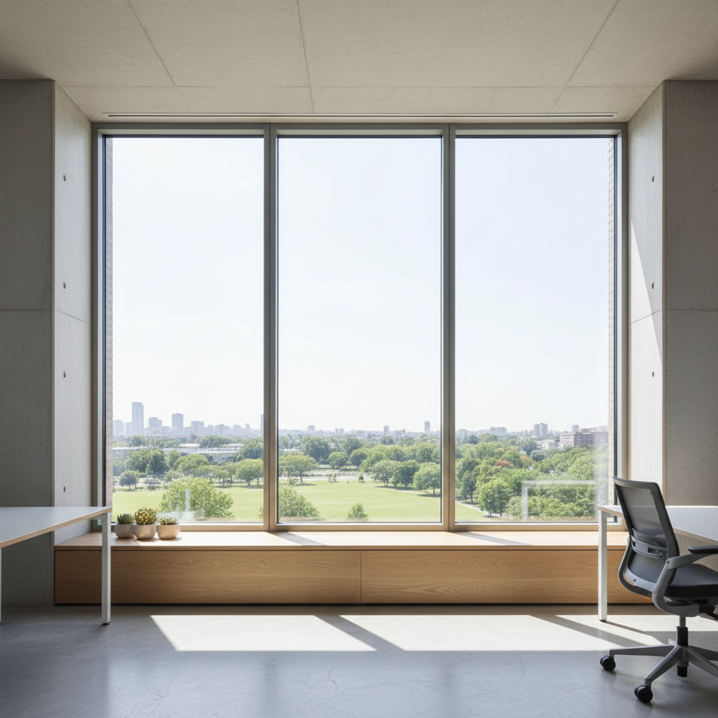 A set of large, ultra-clear triple-pane glass windows with sleek matte aluminum frames installed in a contemporary office environment. The windows dominate a wall, displaying their flawless transparency and fine finishing. Around the windows, the space is minimal and tidy, with subtle hints of soft gray concrete walls and a light oak window sill. Natural daylight floods through the panes, casting balanced illumination across the room and creating defined, gentle shadows. The overall mood is calm and professional, emphasizing trust and quality. Captured at eye-level with a clean, centered composition and sharp focus throughout, the image uses photographic realism to highlight the craftsmanship. This visual supports a trustworthy and premium window seller brand.