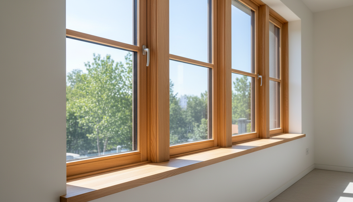 Bright, high-quality photo of newly installed modern wooden-framed windows in a contemporary home, daylight, clean interior, focus on craftsmanship and energy-efficient construction details, no people, neutral background