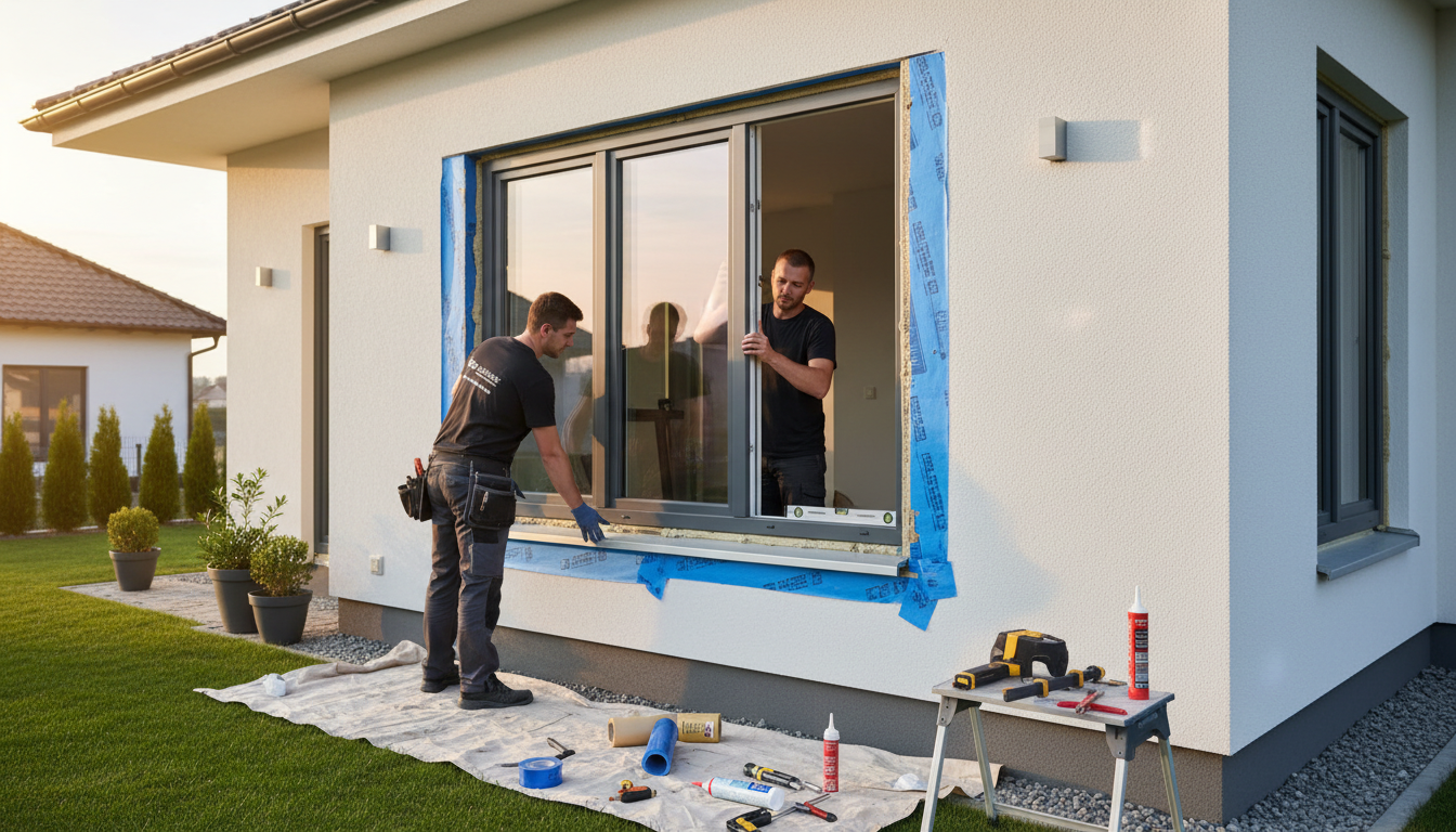 A high-quality photo showing a proper window installation, featuring professionals precisely fitting a modern window frame into a house wall. The scene highlights careful craftsmanship, clean surroundings, and energy-efficient materials.