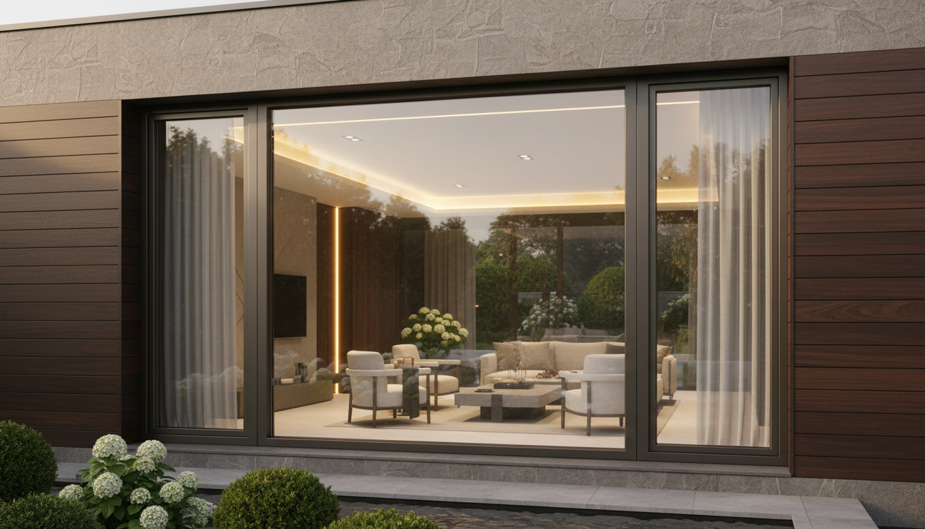 Showcase a high-quality, reliable-looking, modern premium window. Emphasize durability and trustworthiness, with clear glass, strong frames, and an inviting, well-lit setting that communicates top-tier quality.