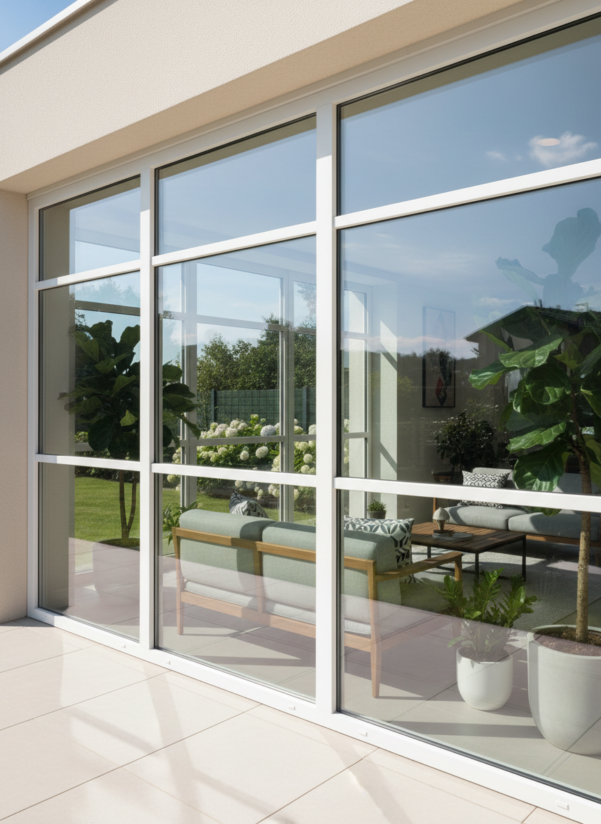 modern plastic PVC terrace windows A high-quality photo showcasing modern plastic (PVC) windows in a home terrace setting, emphasizing clean lines and durability, bright natural light, realistic style.