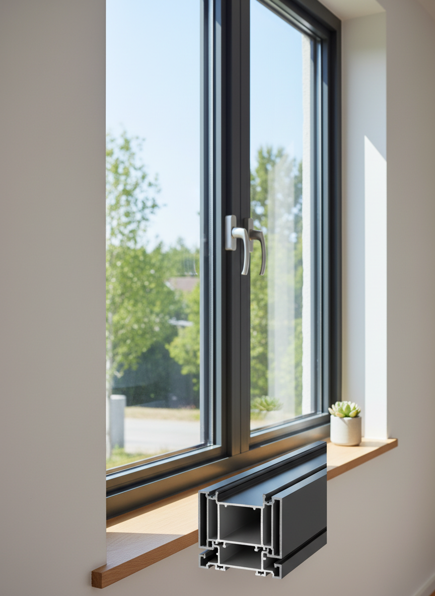 modern aluminum profile window Showcase a high-quality modern aluminum profile window in a home setting. The image should focus on the sleek design and durable material, highlighting the frame and profile details typical of aluminum windows.